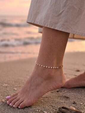 Coquette Boho Faux Pearl Gold Ankle Bracelet Stainless Steel Minimalist Jewelry